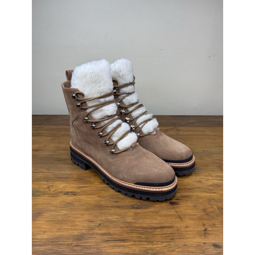 Marc Fisher Izzie Suede Shearling Hiker Boots Womens Size 8 Tan Lug Winter Chic